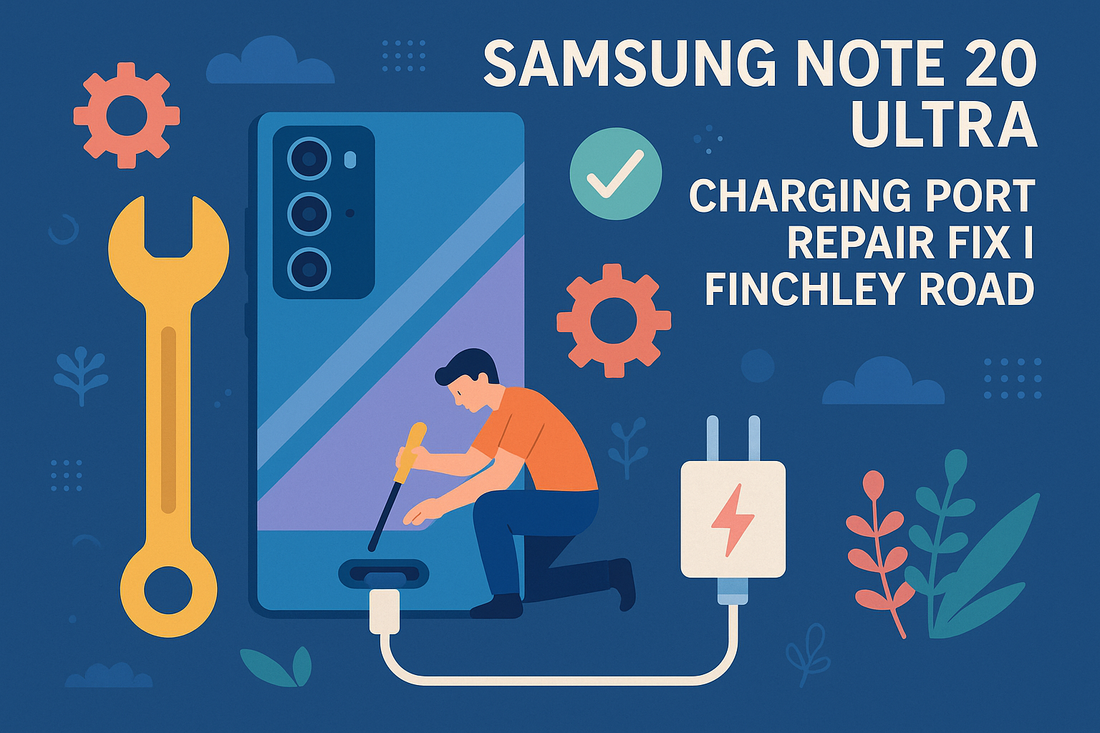 Samsung Note 20 Ultra charging port repair service in Finchley Road – illustrated technician fixing phone with tools and charger in a tech-themed background.