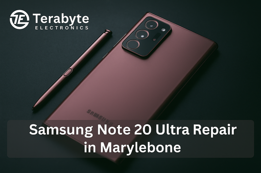 Terabyte Electronics blog image showing a Samsung Galaxy Note 20 Ultra with S Pen on a desk, promoting expert repair services in Marylebone.