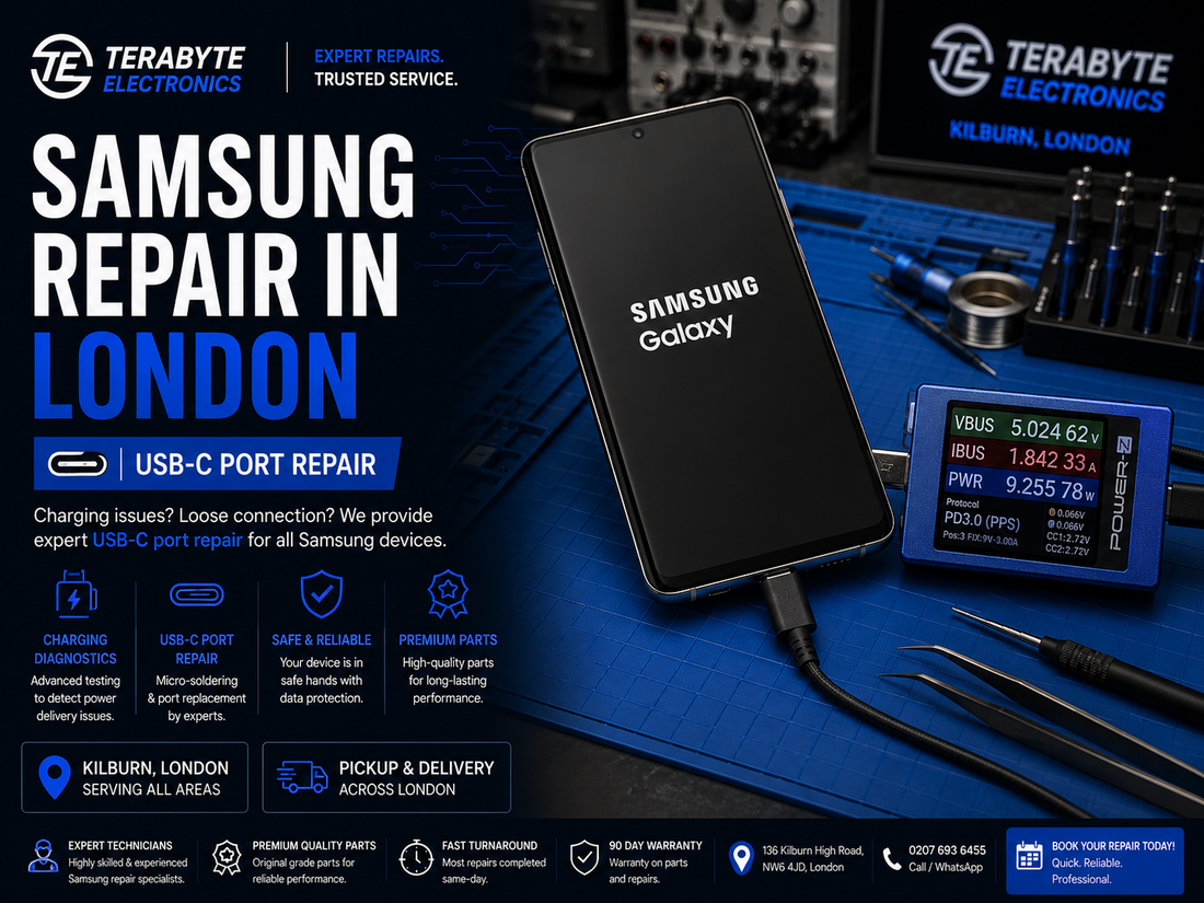 Samsung Galaxy smartphone connected to a power delivery meter on a blue repair mat undergoing charging diagnostics at Terabyte Electronics London.