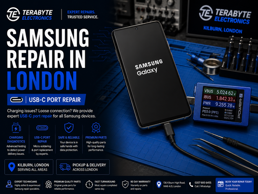 Samsung Galaxy smartphone connected to a power delivery meter on a blue repair mat undergoing charging diagnostics at Terabyte Electronics London.