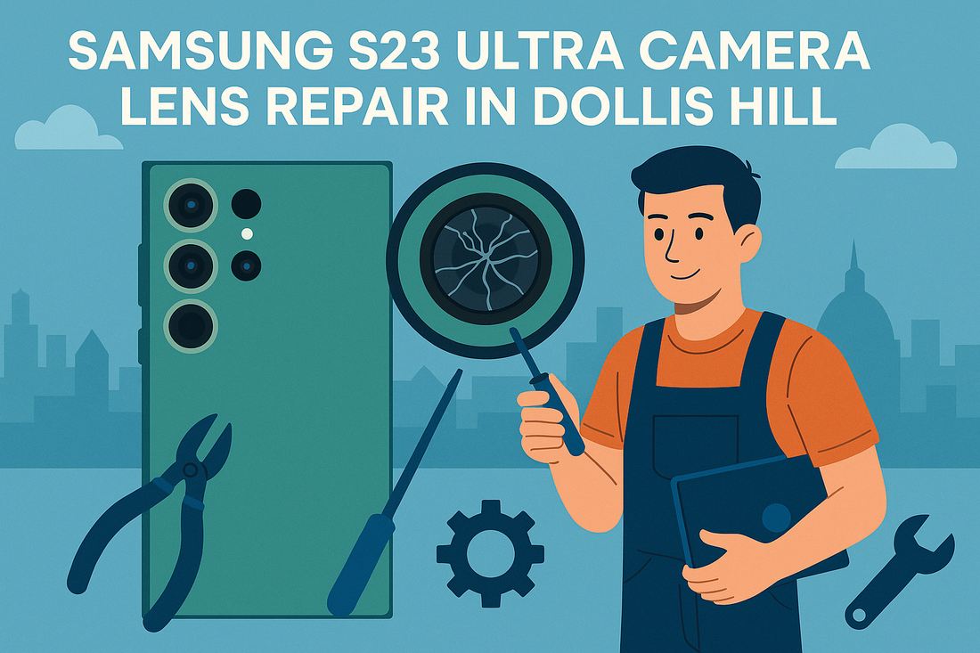Technician repairing cracked Samsung S23 Ultra camera lens with tools, highlighting Samsung Camera Lens Repair in Dollis Hill and NW2 by Terabyte Electronics