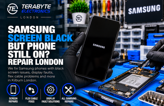 Samsung Galaxy smartphone undergoing display and power circuit diagnostic testing on workshop bench in Kilburn London