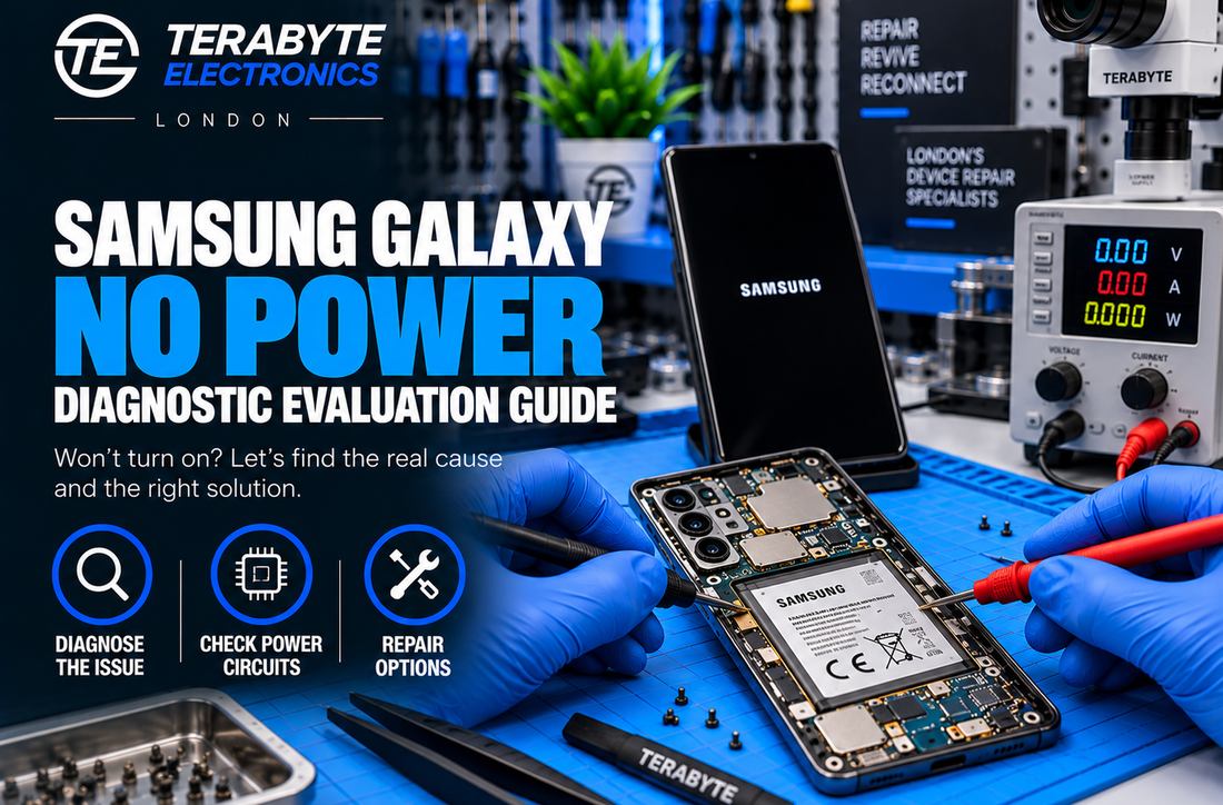 A Samsung Galaxy smartphone undergoing diagnostic evaluation on a technical workbench at Terabyte Electronics in London.