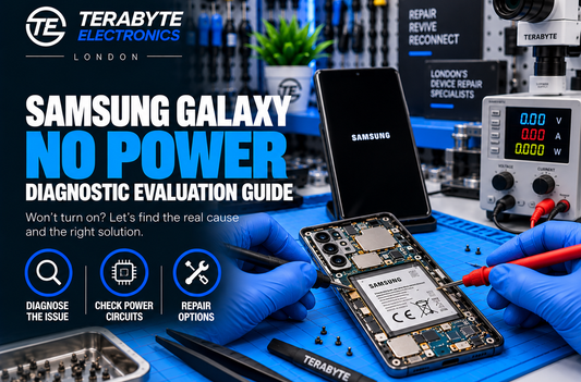 A Samsung Galaxy smartphone undergoing diagnostic evaluation on a technical workbench at Terabyte Electronics in London.
