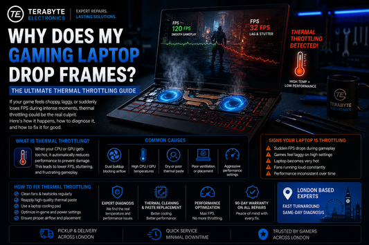 Infographic explaining why a gaming laptop drops frames due to thermal throttling at Terabyte Electronics.