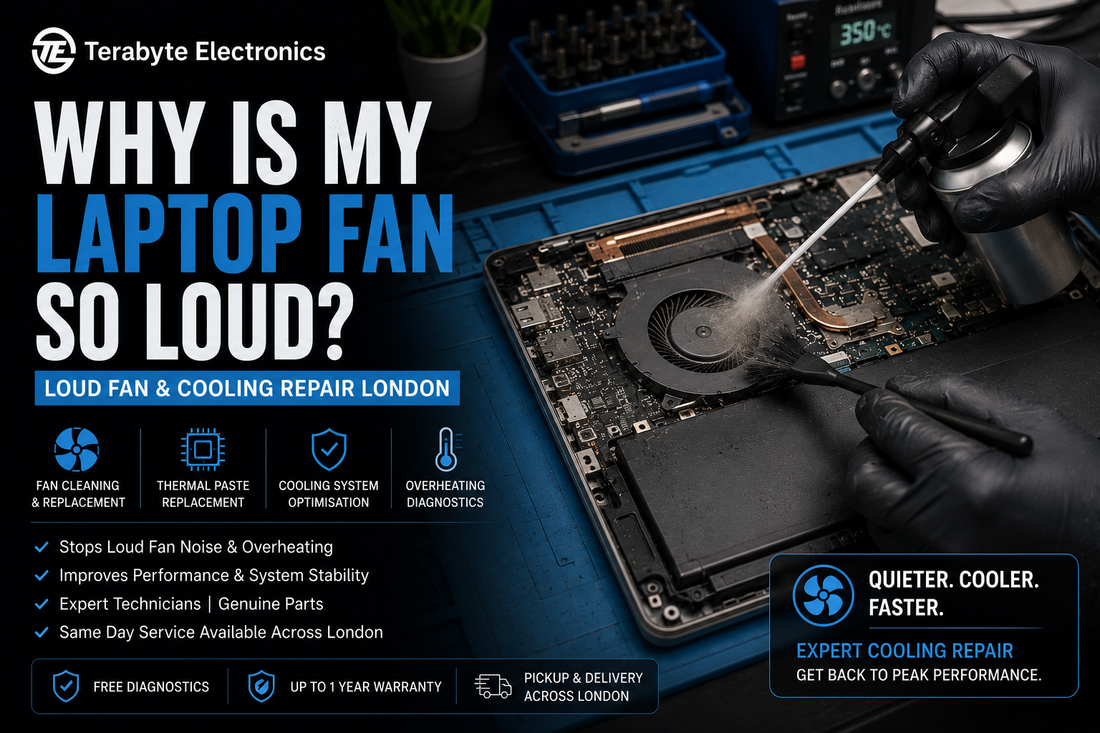 An electronics specialist using precision tools to extract compacted dust and lint from a loud laptop cooling fan and radiator fin assembly.