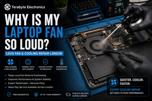 An electronics specialist using precision tools to extract compacted dust and lint from a loud laptop cooling fan and radiator fin assembly.
