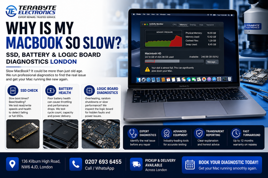 Technician performing diagnostic speed test on slow MacBook Pro at Terabyte Electronics Kilburn London