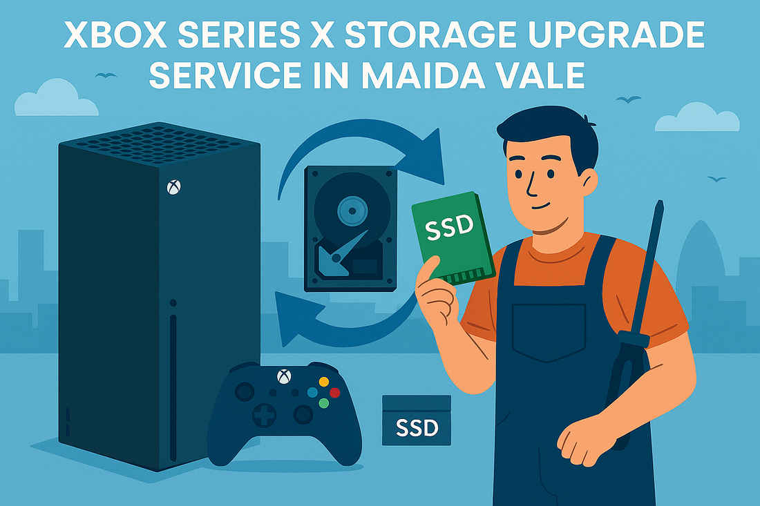 Technician holding SSD next to Xbox Series X console, showcasing Xbox Series X Storage Upgrade Service in Maida Vale and expert Xbox repair W9